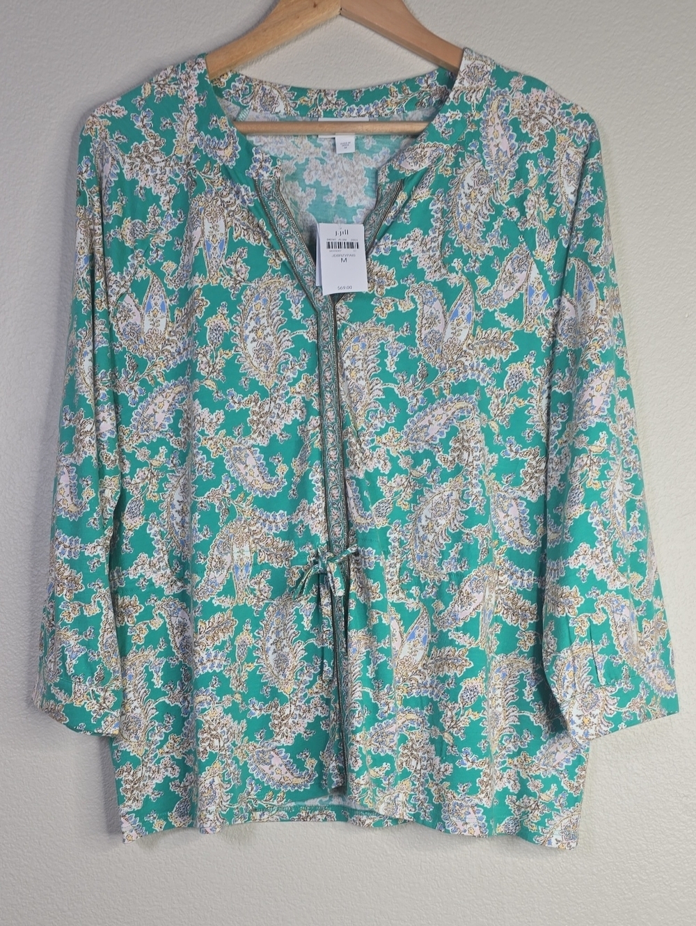 J Jill Green Paisley Tie-Waist Knit Women's Top Size M Nwt.